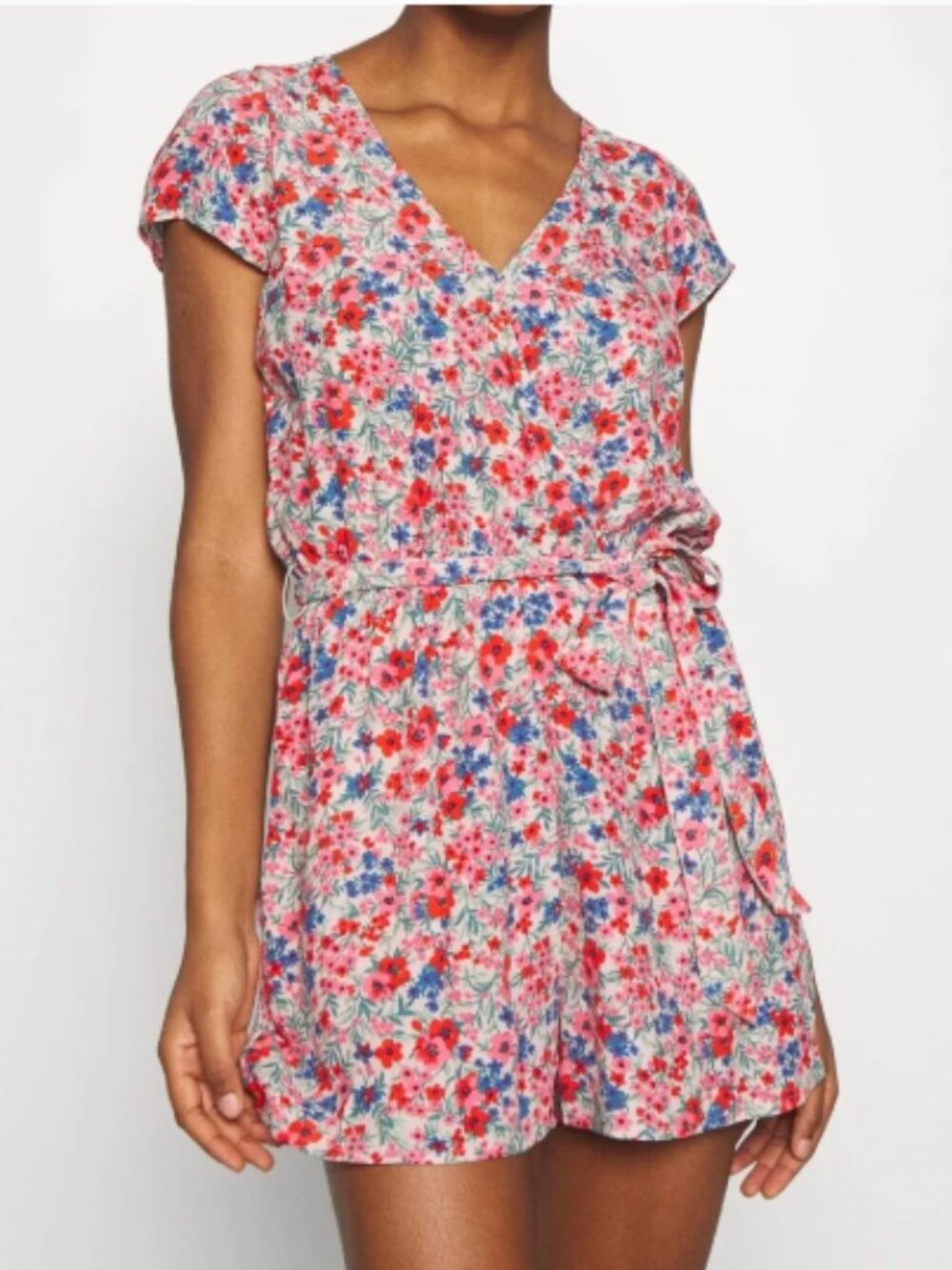 American Eagle Floral Surplice Romper Keyhole Back, Pink/Multicolor - Size Small